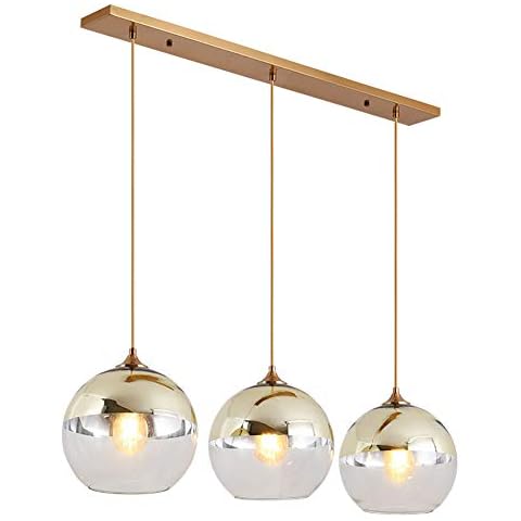 Modern Spherical Glass Pendant Light 3 Lights Vintage Industrial Clear Glass Ball Round Shade Dining Room Pendant Lamp Chandelier Ceiling Light Fitting Fixture for Kitchen Island Home Bedroom (Gold) Cover