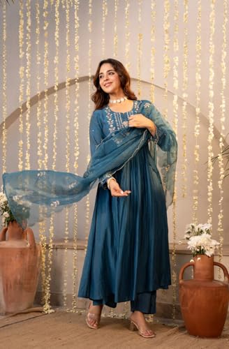 Image of Women Chanderi Silk Embroidered Kurta Pant Dupatta Set | Ethnic Wear | 2.25m Dupatta | S-XXL | Green & Teal Blue