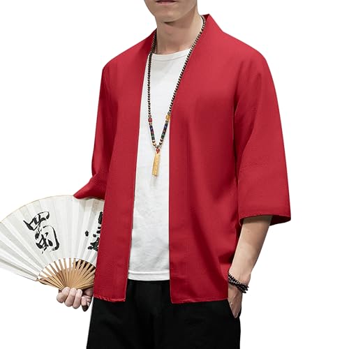 Image of PRIJOUHE Men's Kimono Jackets Cardigan Lightweight Casual Cotton Blends Linen Seven Sleeves Open Front Coat Outwear