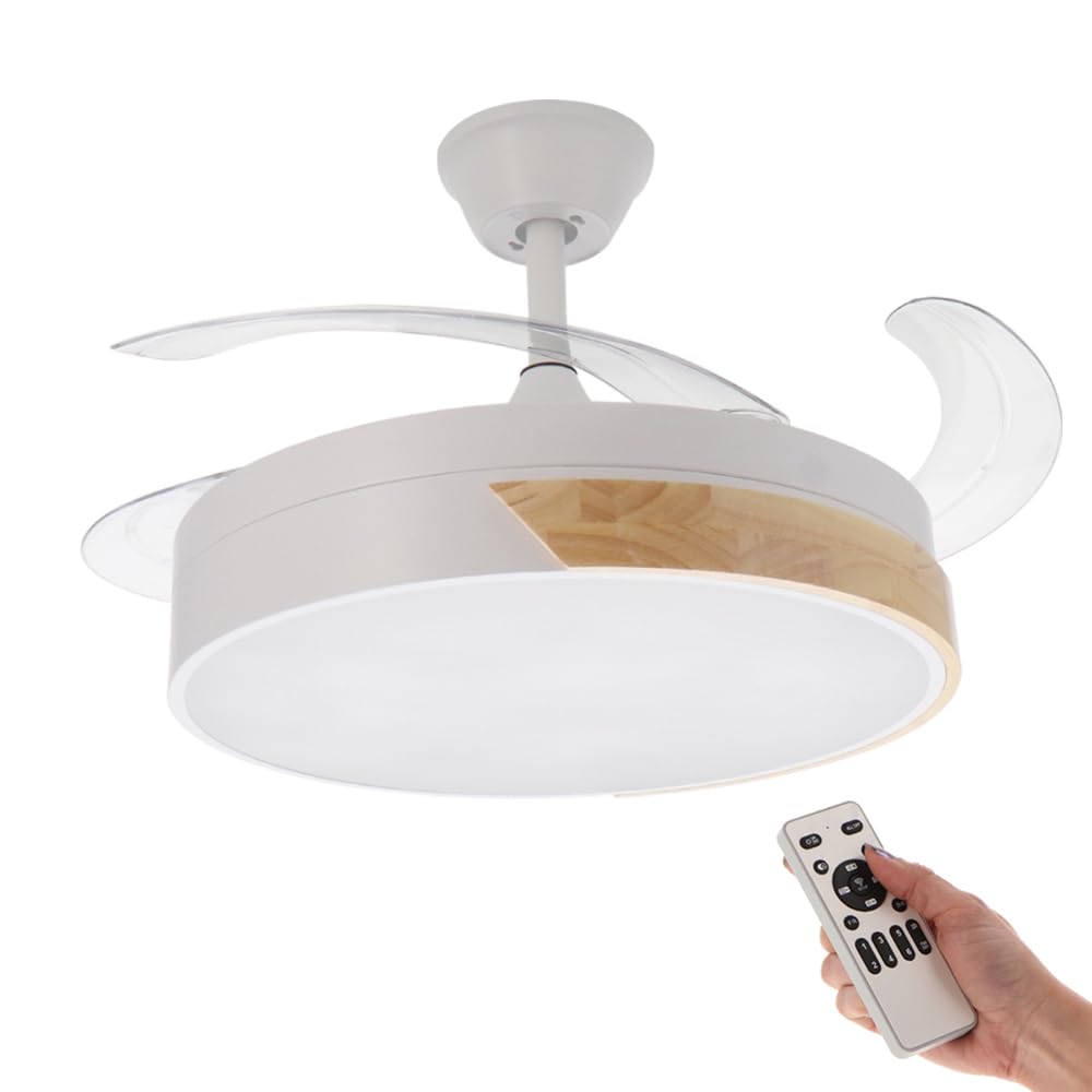 M Ledme - Ventilador de Techo con luz Led Messe 72W Blanco con madera natural Haya y Mando a Distancia, motor DC, 6 velocidades, Silencioso ,4 Aspas desplegables, función verano-invierno, temporizador