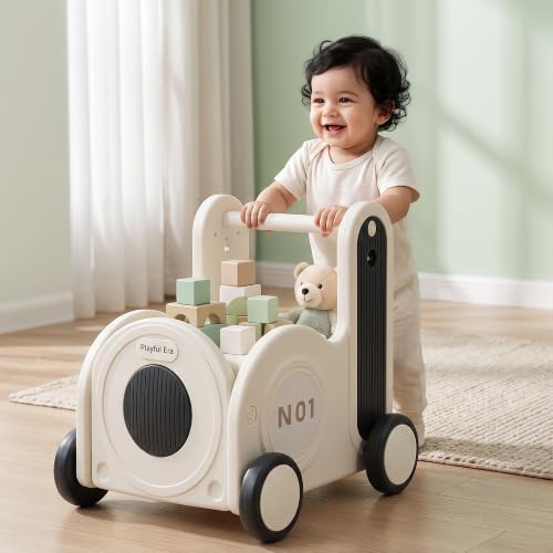 Image of Baybee 4 in 1 Baby Push Walker & Shopping Cart for Kids, Convertible Ride-On Toy, Pull Cart & Toy Organizer, Storage Compartments, Secure Rope Grip, Smooth Wheels & Rounded Edges | Walking Support for 0-3 Years (Black & White)
