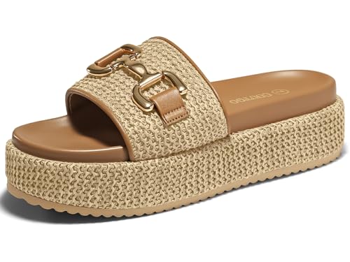 Coutgo Womens Platform Sandals Raffia Espadrilles Metal Chain Slip on Open Toe Cute Beach Slide Sandals