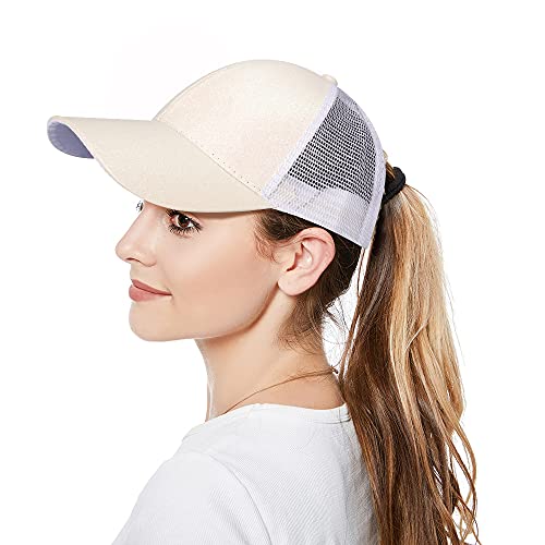 Neufashion Ponycap Messy High Bun Ponytail Adjustable Mesh Trucker Baseball Cap Hat, Glitter White, One Size #TOP6