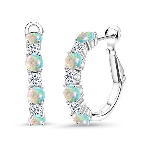 Gem Stone King 925 Sterling Silver White Opal and White Topaz Hoop Earrings For Women (2.84 Cttw, Gemstone October Birthstone, Round Cabochon 4MM and 3MM)