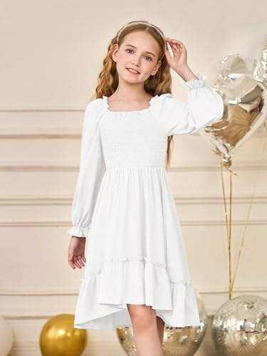 Haloumoning Girls Lantern Long Sleeve Dresses Kids Square Neck High Low Hem Smocked Fall Dress 5-14 Years3