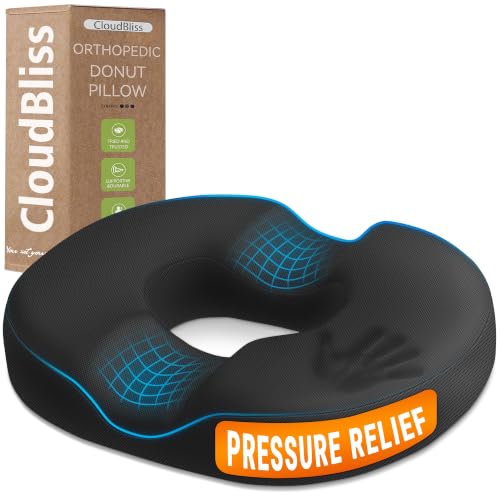 CloudBliss Donut Pillow Chair Pad Seat Cushion for Tailbone Pain Relief and Hemorrhoids, Memory Foam Chair Cushion for Postpartum Pregnancy, Portable Seat Cushions for Stadium，Home & Office, Black