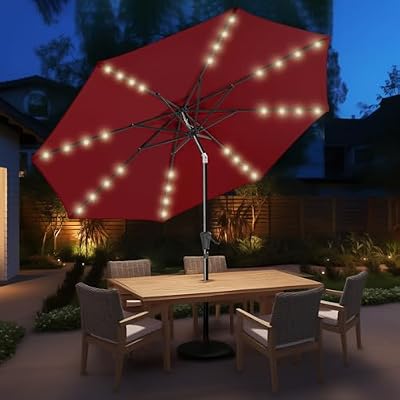 HOMSHADE 9ft Solar Patio Umbrella - Solar Lights LED Lighted Outdoor Market Table Umbrella, UPF50+ UV Protection with Push Button Tilt, Crank for Pool Deck and Garden (Burgundy Red)
