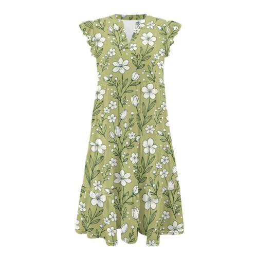 Image of Womens Summer Dress Ruffle Sleeve V Neck Dress Casual Fit Flowy Beach Vacation Sundress with Pocket S-2XL