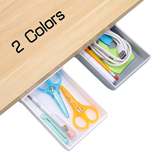 2 Pieces Under Desk Drawer Organizer Storage Self-Adhesive Pop-up Hidden Desktop Drawer Large Capacity Hidden Tray for Office School Home Student Desk, Gray and White