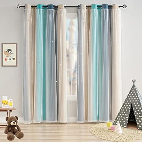 Luvyohmee Blue Curtains for Kids Boys Room Ombre Rainbow Blackout Curtains, Room Darkening Star Cut Out Curtains Double Layer Cute Nursery Drapes Window Curtain Grommet 63 Inch Cover