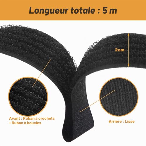 WSZJINB Sangles/Attaches de Câble Réutilisables Réglables Noires de 5m Avec 25 Boucles et Sangle de Fixation à Crochet Pour la Gestion des Câbles (5m x 2cm, Noir) – vue 3