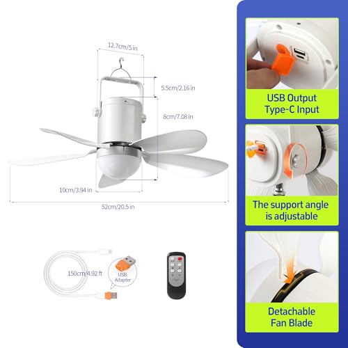 Image of 21'' Ceiling Fan with Light and Remote, 21600mAh Battery Operated Gazebo Fan,Outdoor Hanging Fan for Gazebo, RV,Patio, Camping Tent, Greenhouse,Porch ,Chicken Coop, USB-C Fast Charge