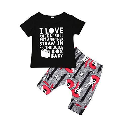 Image of Baby Boy Clothes I Love Rock N' Roll Letter Print Short Sleeve Shirt Top+Guitar Pants 2PC Summer Outfit Set
