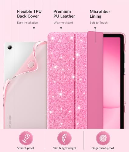 Image of MoKo Case for Samsung Galaxy Tab A11+ Plus 11 inch 2025, Shiny Pink | Fit Samsung Galaxy Tab A9+ Plus 2023 with Soft TPU Translucent Back Protective Cover Trifold Stand Case, Auto Wake /Sleep