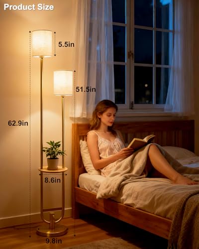 Image of Lightdot 63Inch Floor Lamp Dimmable Gold Floor Lamp with 5Lbs Heavy Base for Living Room 2-Light Mid Century Modern Tall Standing Lamp with Table for Bedroom /Sofa Beside /Corner Decor(Bulbs Included)