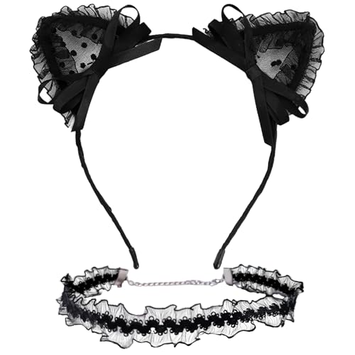 2Pcs Black Lace Cat Ear Headband & Collar for Women, Halloween Fancy Dress Cosplay Party Role Play Cats Costume Accessory