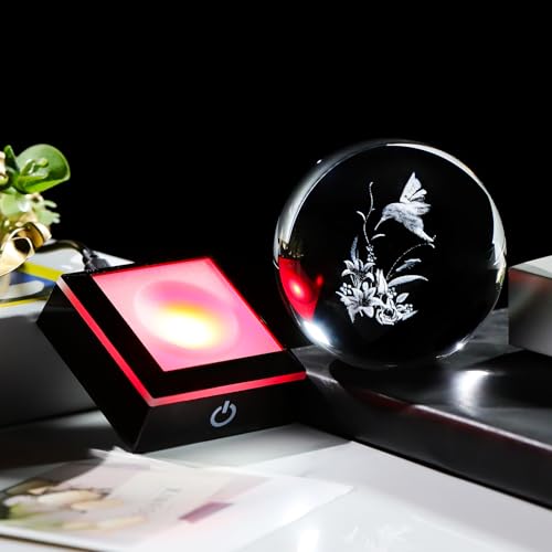 Image of Arikyrist 3D Hummingbird Crystal Ball Gifts for Women Men on Christmas Birthday, Laser Engraved Hummingbird Figurine with Light Base, Hummingbird Globe Glass Decorative Ball for Home Office (80mm)