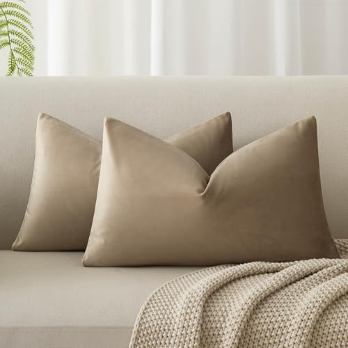 Image of JUSPURBET Couch Pillow Covers Set of 2 Decorative Velvet Throw Pillow Covers for Modern Farmhouse Home Decor Soft Lumbar Cushion Covers with Hidden Zipper for Sofa Bed,Stone,12x20 inch