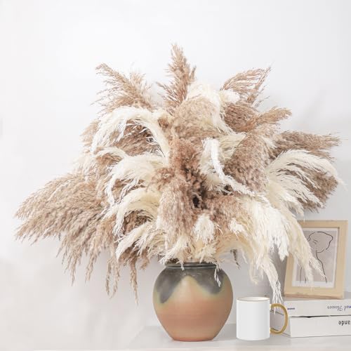 Image of 28 inch inch 20 Stems Large Pampas Grass Decor - Fluffy Brown & White Pampas Grass Decor Tall Pompas Grass for Floor Vase - Boho Home Decor Wedding Decor Natural Flower Bouquet