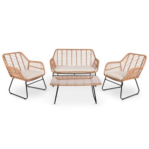 Mc Haus Conjunto de jardín 4 plazas Imperia Beige, Mesa de Centro Exterior + sofá 2 plazas + 2 sillones, Color Beige, Resistente a los Rayos UV