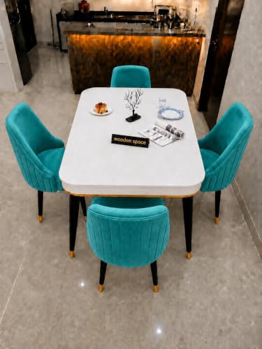 Image of WOODEN SPACE 4 Seater Wooden Dining Table Set | Urban Marble Top Dining Table with Chairs for Dining Room & Kitchen (Modern Infinity Sky Blue) (54 x 36 x 30 inch)
