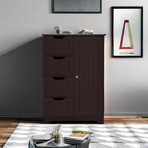 image for Yaheetech Wooden Bathroom Floor Cabinet, Side Storage Organizer Cabine
