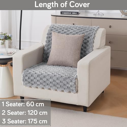 Image of HOKIPO Sofa Cover for 1 Seater Sofa | Thick Bubble Fluffy Rabbit Wool Plush Sofa Throw | Full Protection for Seat and Back | 'BunnySoft Series' (180x60 cm), Moon Grey (AR-6666-GRY)