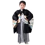 [KYOETSU] [キョウエツ] 羽織袴セット 七五三用 5歳用 縞袴 吉祥文様 フルセット(着物、羽織、袴、襦袢、履物、角帯、扇子、懐剣、羽織紐、お守り、足袋、腰紐2本) ボーイズ (袴 紐下60cm, (05)兜龍-黒＋黒縞)