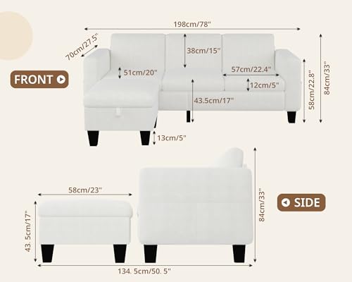 Image of SRMS Sectional Couches for Living Room 78 inch L Shaped Sofa with Storage Ottoman | Free 3 - Pillows | Sofa Set for living Room, Office, Hotel | Modern Classic 3 Seater Sofa Set | Timeless Appeal | White