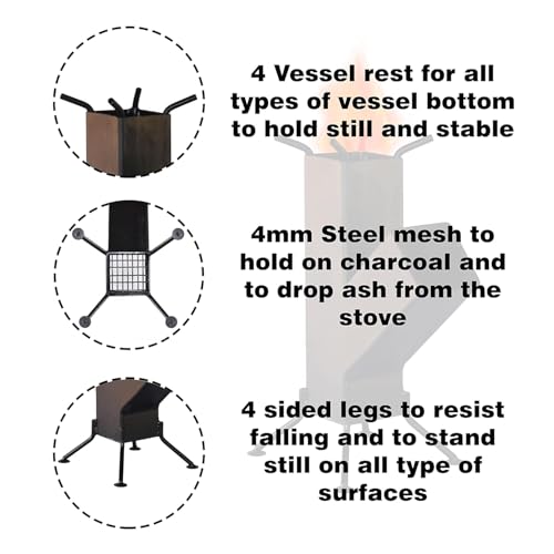Image of Wood Fired Rocket Stove Smokeless For Home&Large Family|Lakdi Ka Mitti Ka Chulha Angeethi Sidgi |Outdoor Cooking Picnic Camping Hiking Barbeque Bbq|Heavy Duty|Metal (A)