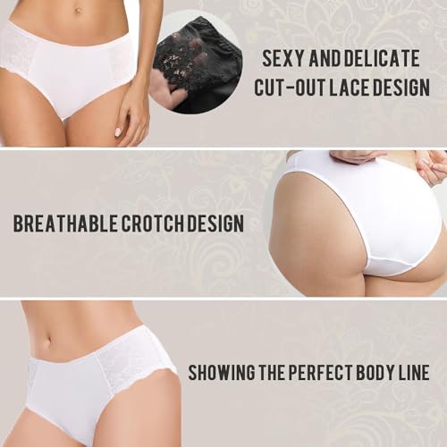Image of NICSY Womens Underwear Cotton Bikini Panties Lace Soft Hipster Panty Ladies Stretch Full Girls Briefs (Multicolor) (L, Pack 1 White)