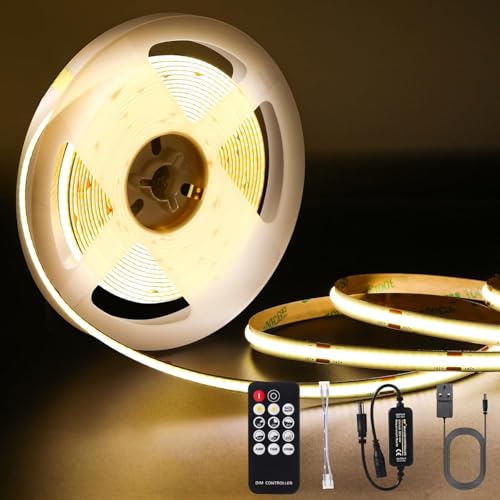 Amdelne Striscia LED COB 4000 K, 5 m, dimmerabile, striscia LED 24 V, set di 320 LED/M, con alimentatore di rete e telecomando 3960 lm, CRI90+ per camera da letto, cucina, specchio/decorazione della