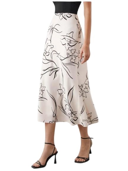 Women's Floral Printed A-Line Midi Skirt | High Waist Flared Casual Skirt | Elegant Office, Party White-image-40