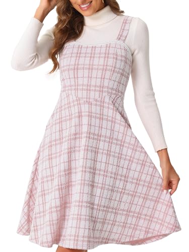 Allegra K Damen Tweedkleid Ärmellos Quadratischer Kariert A-Linie Latzkleid Rosa S