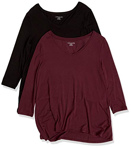Amazon Essentials Camiseta de Manga 3/4 con Cuello en Pico (Disponible en Tallas Grandes) Mujer, Pack de 2, Negro/Burdeos, XXL