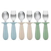PandaEar 6 Pack Toddler Cutlery Set| Baby Fork and Spoon Set| Stainless Steel Childrens Kids Cutlery| Baby Cutlery Self Feeding 12 Months Plus with Silicone Holding (Blue Green Brown)