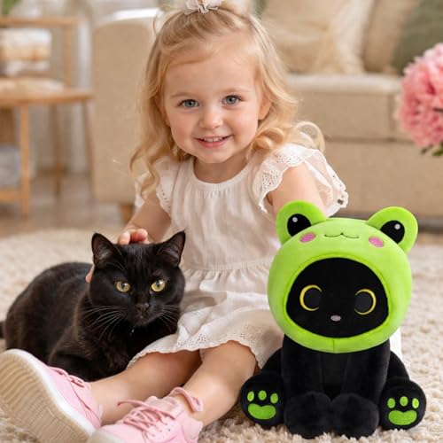 Image of Frog Plush Toy, Cute Black Cat Plush with Removable Frog Hat, 8 inch Soft Plushie Cute Stuffed Animal Pillow for Kids, Birthday Gift for Boys and Girls and Adults