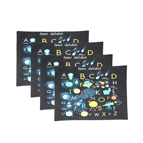 Image of Dining Cloth Table Mats Set of 4 - Alphabet Kids Theme,Digital Print, Washable, Indoor /Outdoor, Heat-Proof, Water Resistant, Wipe & Clean (47X33 cm) Black