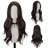 FREE BEAUTY Long Dark Brown Wavy Wig for Women 26 Inch Middle Part Curly Wavy Wig Natural Looking Synthetic Heat Resistant Fiber Wig for Daily Party Use