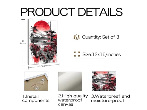 Image of Frimeeme 3 Pieces Japanese Canvas Wall Art,12x16 Inch Each | Japanese Landscape Painting Prints, Red and Black Cherry Blossom Trees Building Pictures, Living Room Office Decor