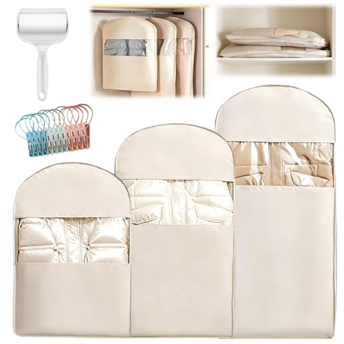 3PCS Space Saving Hanging Garment Bag with Self Compression Zipper Cotton Garment Bag with A Clothes Roller Sticky and 12PCS Clips Compression Down Jacket Storage for Suits Padded Clothes Shirts