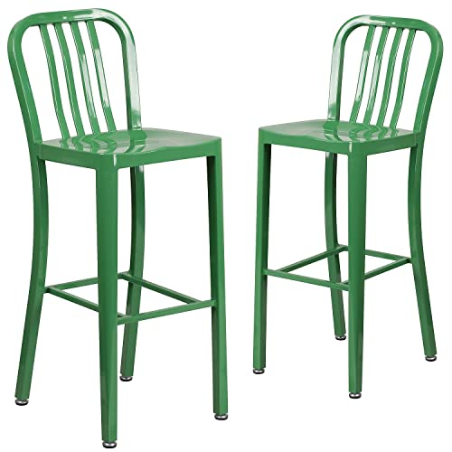 Flash Furniture Commercial Grade 2 Pack 30" High Green Metal Indoor-Outdoor Barstool With Vertical Slat Back #TOP7