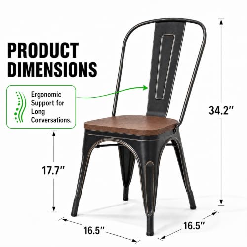 Image of Furmax Metal Dining Chairs with Wood Seat, Indoor-Outdoor Use Stackable Chic Dining Bistro Cafe Side Metal Chairs Set of 4 (Black Gold)