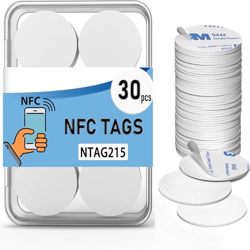 30PCS NFC Tags NTAG215 Blank Cards Stickers, Rewritable NFC 215 Coins with Adhesive Back, Compatible with All Phone