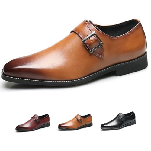 Image of Men's Leather Square Toe Monk Strap Loafers,Classic Slip on Dress Shoes,Low Top Formal Business Oxford Shoes