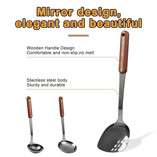 FJNATINH Stainless Steel Wok Spatula,Ladle,Skimmer Ladle Tool Set,Mirror Polished Cooking Utensils with Wooden Handle,Easy to Clean Wok Accessories,Black 3 PCS - Image 3