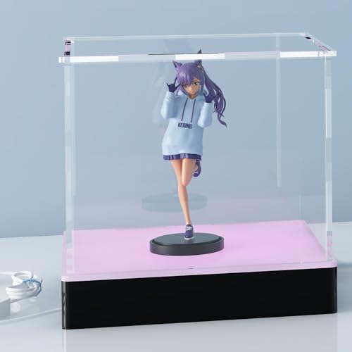 Vitrina acrílica con base de iluminación LED RGB USB, controlada por aplicación y llave, vitrina transparente para coleccionables, juguetes, figuras y recuerdos, 20 x 20 x 20 cm