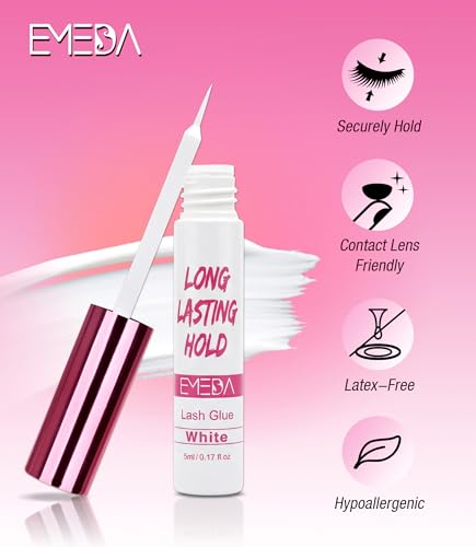 EMEDA 5 Day Strong Hold Lash Glue, Hypoallergenic Waterproof Eyelash Adhesive for Strip Lashes & Lash Clusters, Quick Dry Gentle Formula, Long Lasting Lash Glue with Precision Brush Applicator (White) — view 2