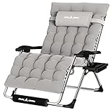 UDPATIO Oversized Zero Gravity Chair 33In XXL Lounge Chair with Removable Cushion |Pillows, Outdoor Folding Reclining with |Cup Holder |Foot Rest |Lock,Reclining Patio Chairs Grey, Support 500LB