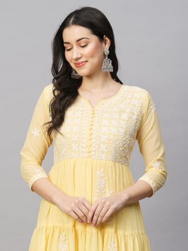 Image of RATAN Women's Solid Georgette Tiered Chikankari Flared Kurti Gown Maxi Dress